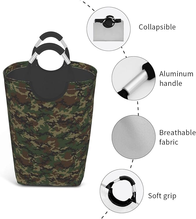 Camo Laundry Basket Camouflage Foldable Laundry Hamper Green Collapsible Laundry Baskets with Handles Clothes Hamper Laundry Tote Bag for Dorm Family Storage Bin 50L