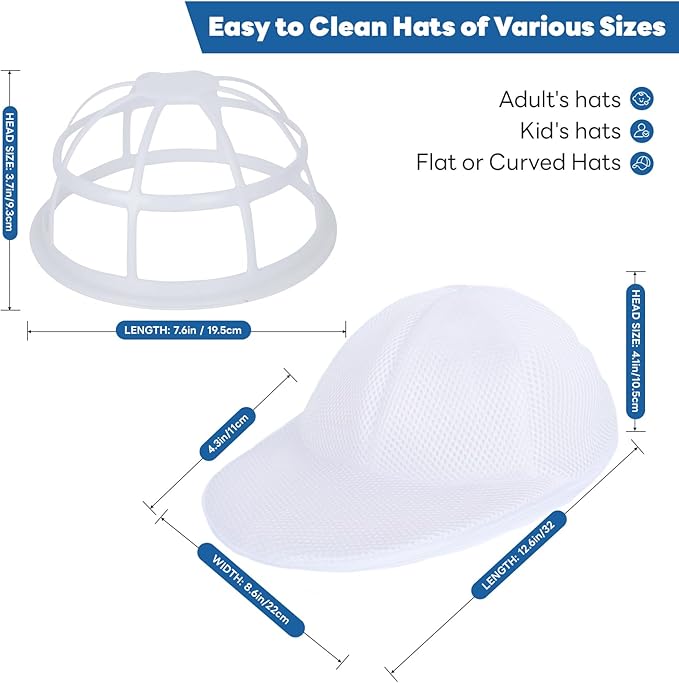 Upgraded Hat Washer Cage with Protective Mesh Bag, Durable Hats Cleaner for Caps, Hat Cleaner for Baseball Caps - Reusable, Fixed Holder, Prevents Deformation, Fits Most Hats, White 2 Pack