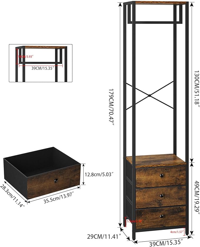 YMYNY Garment Rack, Clothes Rack with Drawers, Freestanding Tall Closet Organizer with 3 Fabric Drawers, Clothes Stand for Hanging Shirts, Coat,15.35" L×11.41" W×70.47" H, Rustic Brown UHGR001H