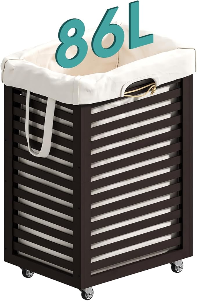 Laundry Hamper with Wheels, 22.7 Gallon (86L) Bamboo Wood Clothes Laundry Basket with Handles, Removable Liner