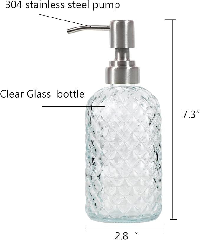 Hand and Dish Soap Dispenser Glass for Bathroom and Kitchen with 304 Stainless Steel Pump (Clear)