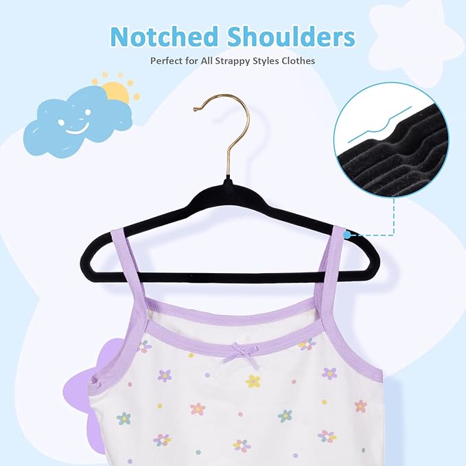 Velvet Baby Hangers 30 Pack - 11 Inch Premium Felt Non Slip Kids Hanger for Infant Toddler Clothes - 0.2" Ultra Thin Baby Clothes Hangers for Children's Closet with 10 Hanger Clips - Black