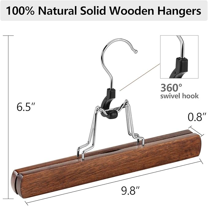 AMKUFO 20 Pack Wooden Pants Hangers with Clips Non Slip Skirt Hangers Trouser Clamp Hanger Solid Wood Hanger with 360° Swivel Hook Walnut