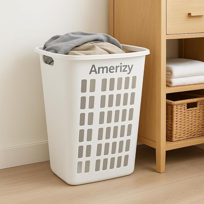Large White Plastic Laundry Hamper – Rectangular Open Top Clothes Basket with Ventilation, Lightweight Durable Bin for Bedroom, Bathroom, Closet or Dorm Us