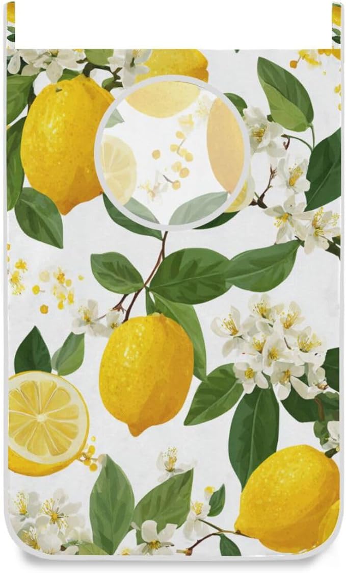 Lemon Branch Flower Hanging Laundry Hamper Door Hampers Bag Basket with Stainless Steel Hooks Oxford Fabric Printing Decorative Clothes Bags 29.5X20inch 1Pack