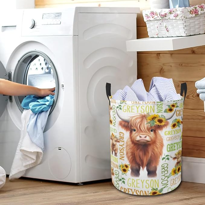 Highland Cow Laundry Basket,Personalized Laundry Hamper for Boys Girls,Custom Laundry Basket With Name, Customized Dirty Clothes Hamper for Bathroom Bedrooms,S-16.5"X 13.8"