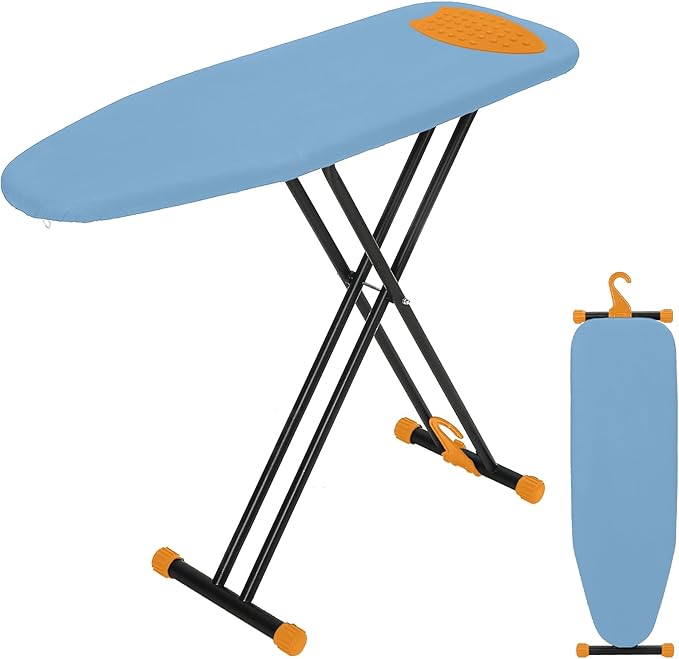 Compact Ironing Board Full Size 43x13 with Extra Thick Padded Cover, Height Adjustable Iron Board with Hanger, Easy to Fold Space Saver Design for Dorm Apartment Small Laundry Rooms, Blue