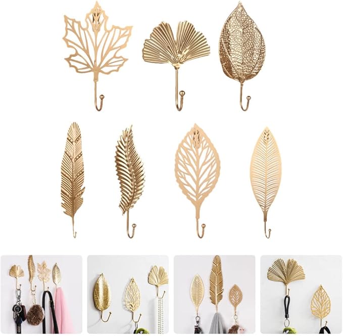 7pcs Leaf Shape Metal Hooks Decorative Wall Hooks Iron Key Holder Coat Hanger Purse Hooks Closet Clothes Coat Hat Towel Robes Hook for Kitchen Bathroom Bedroom Office