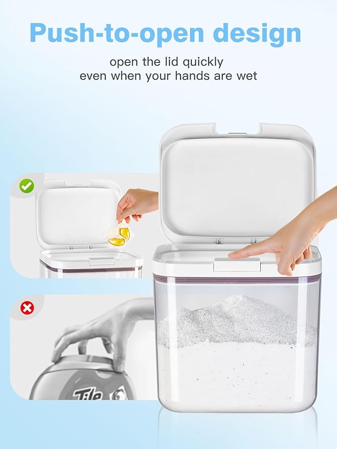 LivLab Mker Laundry detergent dispenser with One-Press Lid,for laundry room organization,Clear PET laundry powder container with Measuring Cup,laundry pods container 2.8L/6Lbs/100oz(120 Pods)