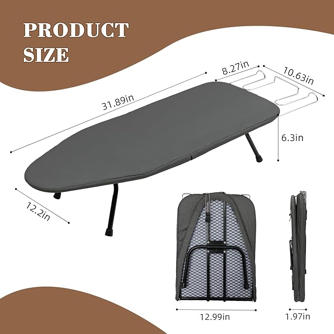 Mini Ironing Board Tabletop Ironing Board Compact Foldable Iron Board Thick Steel Tube with Heat Resistant Covers, Iron Rest for Dorms, Apartment and Travel,Gift for Women(Dark Grey)