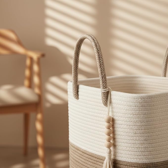80L Tall Woven Laundry Hamper – Large Foldable Storage Basket with Handles for Clothes, Blankets, Toys, Bathroom, Living Room, Nursery Decor