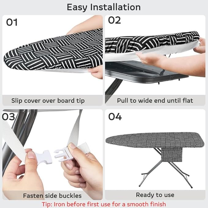 FIOBEE Ironing Board Cover and Pad Extra Thick Iron Board Pad with Heat-Resistant Mesh Padded Iron Board Covers Adjustable Buckle & Elastic Edges for 15x54 Standard Size Ironing Board, Black Stripe