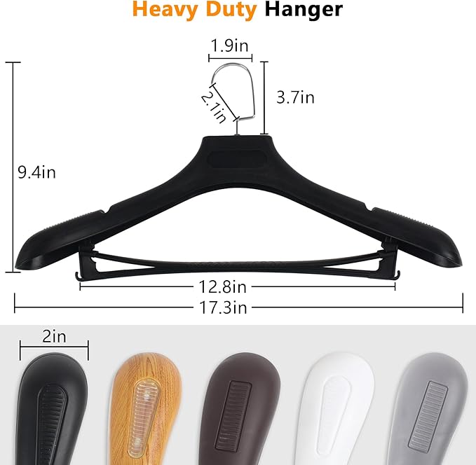 Plastic Extra Wide Suit Hangers, Pack of 15, Width: 17.7",Notched Shoulders & Metal Hooks, Black