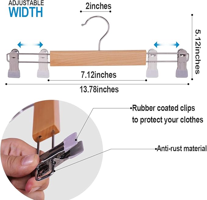 ELONG HOME Wooden Pants Hangers 12Packs, Skirt Hangers with Adjustable Clips, Non Slip Wood Clothes Hangers with Clips, Space Saving Hangers for Pants Skirts Trousers Slacks Jeans