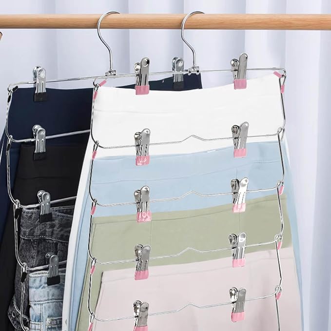 Skirt Pants Hangers with Clips，6Tier Skirt Hangers Space Saving,Metal,Non Slip Closet Organizer and Storage Multi Clothes Shorts Hanger Organization(4, Pink)