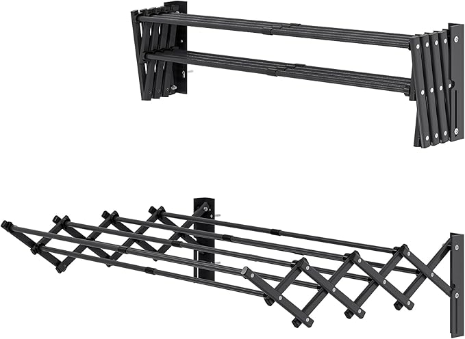 APEXCHASER Laundry Drying Rack Wall Mount - Towel Rack Collapsible, Accordion Clothes Drying Rack, Clothes Airer for Bathroom Balcony Laundry Room Wall Mounted, Drying Rack for Clothing, Black