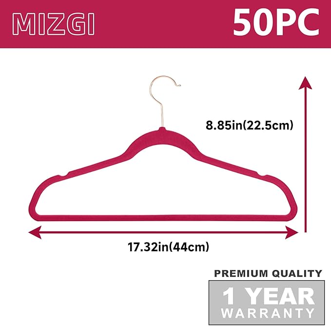 MIZGI Premium Velvet Hangers (50 Pack) Heavyduty - Non Slip Felt Magenta Red Rose Gold Hooks,Space Saving Clothes Hangers,Durable Strong for Suits,Coats Magenta/Rose Gold