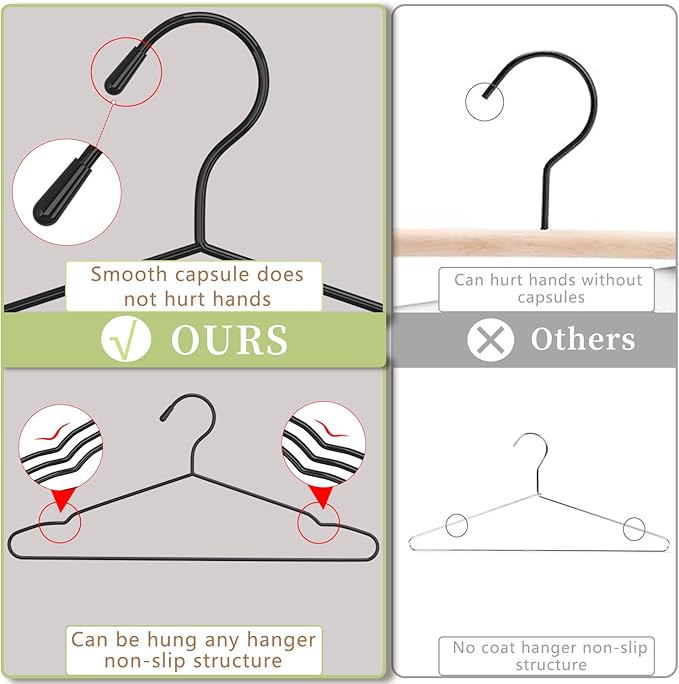 60Pack+10 Clips Luxurious Hanger Set ，16.69" Heavy Duty Matte Black Metal HangersWithstands 50lbs Weight Smooth Powder Coated Finish Compact Shirt Hangers