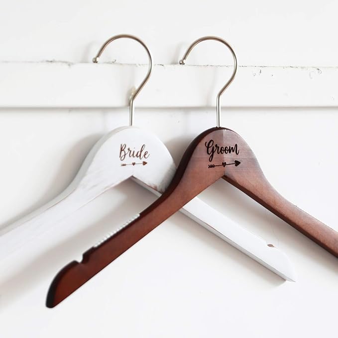 Pair of Wedding Hangers for Bride and Groom, Bridal Wedding Gift, Wood Dress Hangers