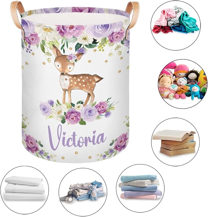 Personalized Laundry Basket, Custom Gift Laundry Hamper, Collapsible Nursery Waterproof Laundry Baskets, Dirty Clothes Toy Hamper with Handles Gold Floral Woodland Deer