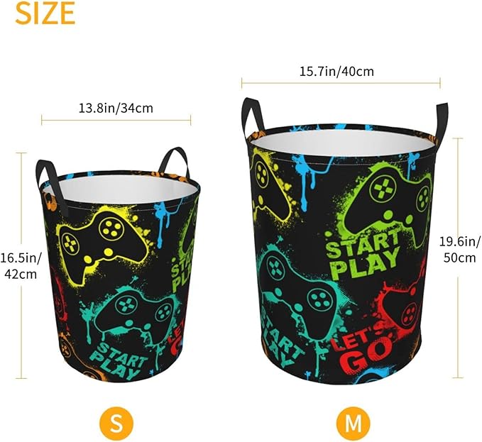Colorful Silhouettes Game Joysticks Round Laundry Hamper Storage Basket Toys Clothes Organizer Bin For Home Bathroom Bedroom Dorm Nursery, 62L