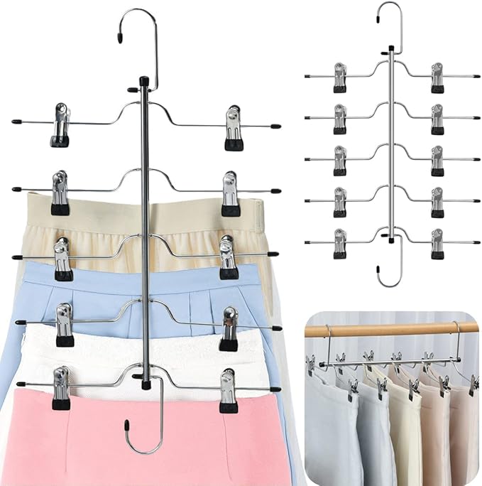 5 Tier Metal Skirt Hangers for Women, Pants Hanger Space Saving with Non Slip Adjustable Clips,Durable Heavy Duty Trouser Hangers for Jeans, Slacks, Shorts - 2 Pack