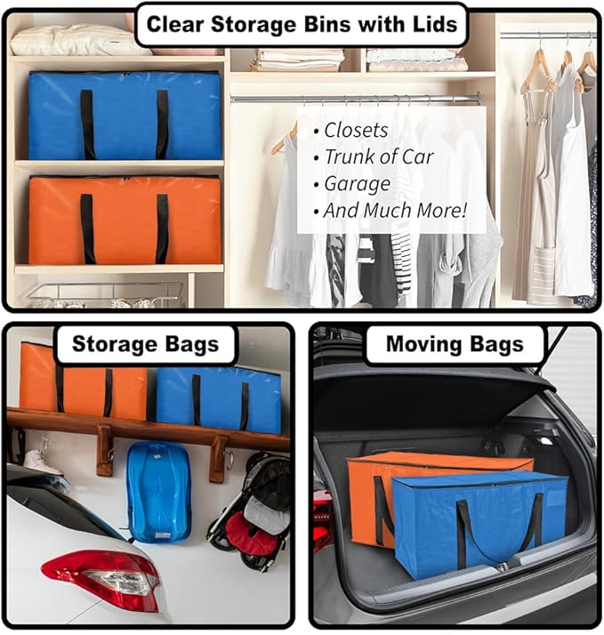 ClearSpace Heavy Duty Moving Bags or Storage Bags – Storage Bins with Lids, Large Moving Boxes with Backpack Straps & Zippers,– Packing Box & Moving Supplies for College Dorm, 8 Pack