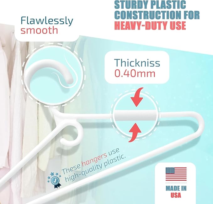 DEILSY™ White Plastic Hangers - White Super Heavy Duty Clothes Hanger, Thick Strong Standard Closet Plastic Hangers with Hook for Scarves and Belts - Pack of 30