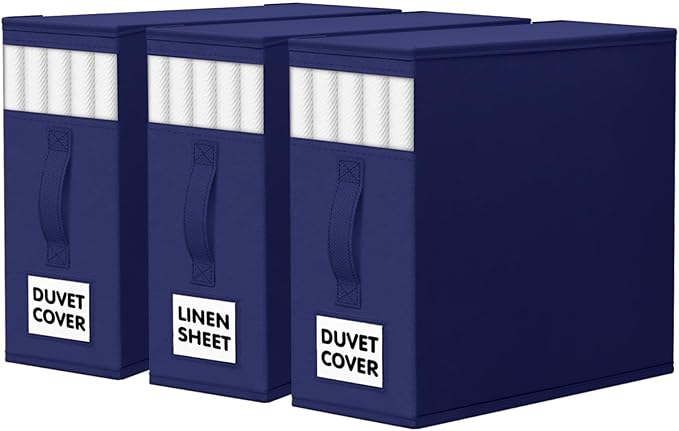 WOWBOX Sheet Organizers and Storage,Closet Bed Sheet Organizer Under Bed Storage and Organization with Label Cards & Clear Window for Bedding Sheets,Duvet Covers,Blankets (3 Pack，Blue)