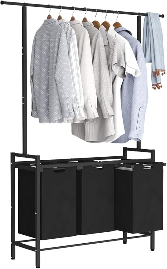 Large Laundry Hamper with Clothes Rack Hanging Bar, 10 x 3 Gal Pull-Out & Removable Sorter Bags, Freestanding Laundry Basket Organizer for Bathroom, Bedroom and Laundry Room, Black