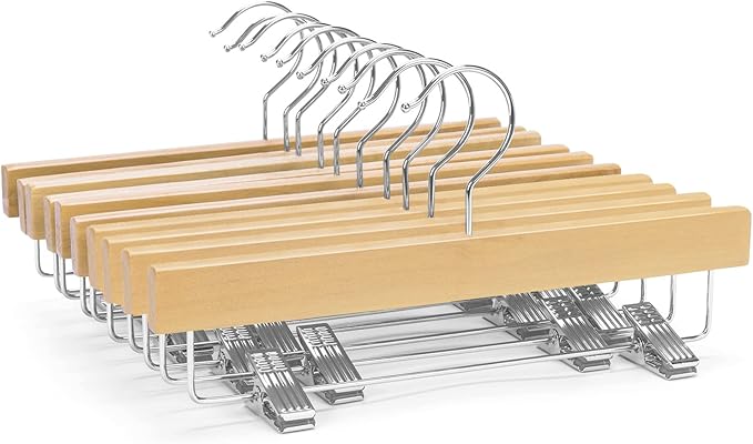 Nature Smile 11.8'' Kids Baby Toddler Children Solid Wooden Pants Hangers, Trousers Bottom Hangers with 2-Adjustable Clips Anti-Rust Hook Pack of 10 (Natural)