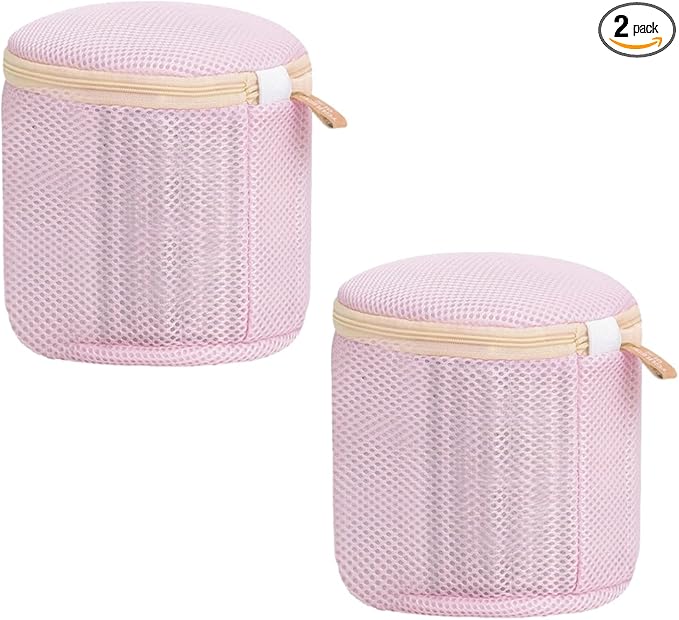 2 Pack Bra Washing Bags for Laundry, Large 7x6in Delicate Underwear Laundry Bags with 3D Structure, Double Frame Support, Soft Side Panels, Thick Mesh (2, Pink)