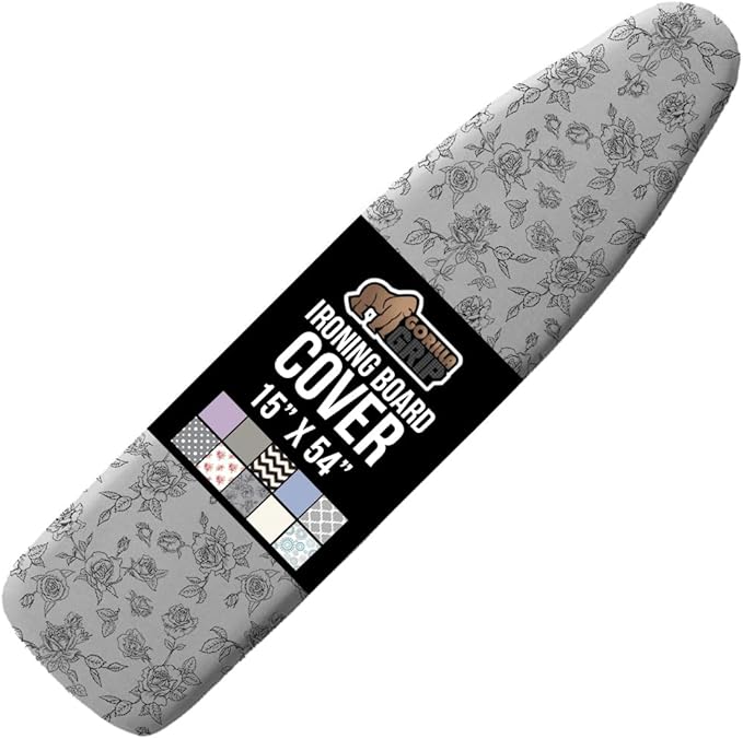 GORILLA GRIP The Original Ironing Board Cover and Pad, Silicone Coating, Thick Scorch Resistant Padding, Heavy Duty Iron Covers Standard Boards, Hook and Loop Fastener Strap, Gray Floral, 15x54