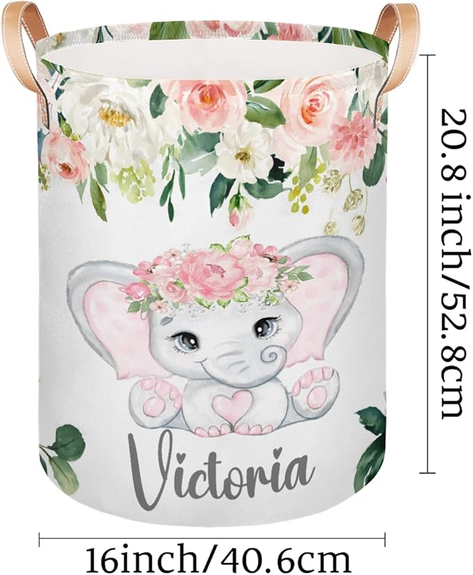 Personalized Laundry Basket, Custom Gift Laundry Hamper, Collapsible Nursery Waterproof Laundry Baskets, Dirty Clothes Toy Hamper with Handles Pink Floral Elephant