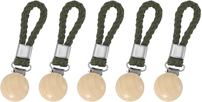 uxcell 5 Pcs Tea Towel Clips with Cotton Loop for Hanging, 4.3 Inch Metal Towel Hooks Multipurpose Cloth Hangers for Home Kitchen Bathroom, Green(Wooden)
