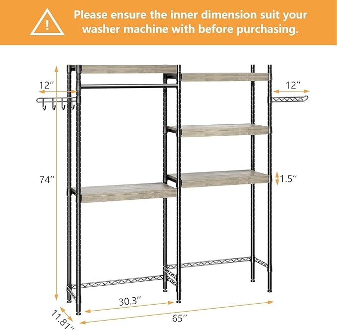 GarveeHome 5-Tier Over-The-Washer Storage Shelf - Adjustable Height Laundry Organizer with Double-Layer Wood Shelves, Space-Saving Design for Laundry Room (Gray, 30 in)