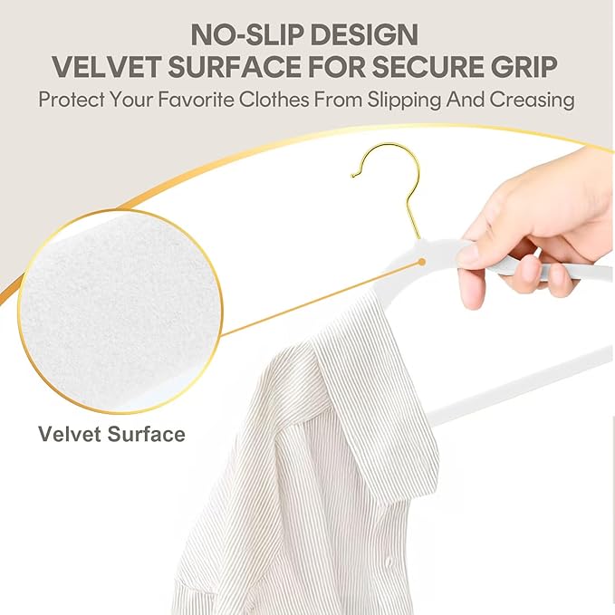 36-Pack Premium Velvet Hangers with Gold Hooks - Space-Saving Non-Slip Heavy-Duty Clothes Hangers for Coats, Suits, Dresses, and Sweaters - Slim Design, Closet Organizer (White-Gold)