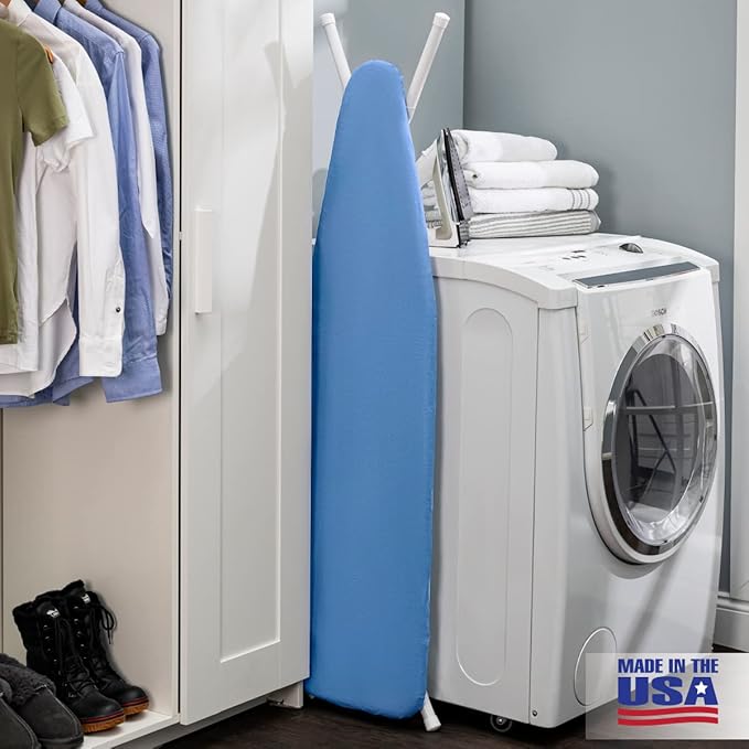 Full Size Ironing Board Made in USA – Dark Blue by Seymour Home Products 4 Heavy-Duty Steel Legs Perforated Top for Steam Includes Cover & Pad Sturdy, Foldable Iron Board for Home & Laundry
