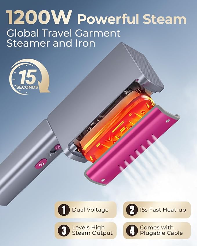 Travel Steamer for Clothes, 1200W Dual Voltage 110-220V Portable Handheld Steamer with Pluggable Cable & Foldable Design, 15s Fast Heat, 2 in 1 Steam Iron with 110ml Tank for Europe, Global