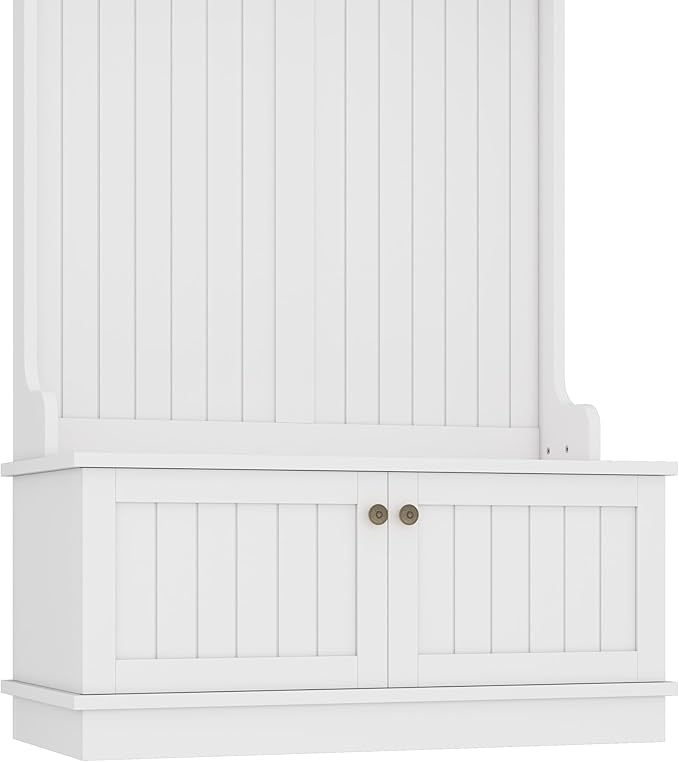 35.5 inch Hall Tree with Bench and Shoe Storage Shelf, Wood Hall Tree with 4 Hooks/Mudroom Bench with Storage and Hooks, Wood Hall Trees for Entryway, Hallway, Living Room, White