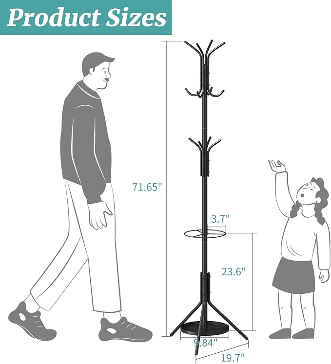 Black Coat Rack, Coat Rack Freestanding with Umbrella Holder, Adjustable Height Shelf with 12 Hooks, Used In The Bedroom, Living Room, Office To Hang Clothes, Hats, Bags
