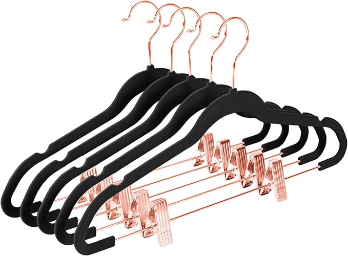 MIZGI Premium Velvet Pants Hangers with Clips (Pack of 20) Slim Skirt Hangers- Non Slip Felt Outfit Dress Hangers Black - Copper/Rose Gold Hooks,Space Saving Shirt Clothes Hangers