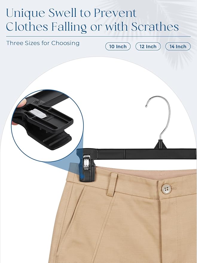 Smartor Space Saving Heavy Duty Hangers - 180 Pack, Slim Plastic Pants and Shorts Hangers, Ridged Non-Slip with Pinch Clips, 360-Rotating Chrome Swivel Hook, Black, 12 Inches