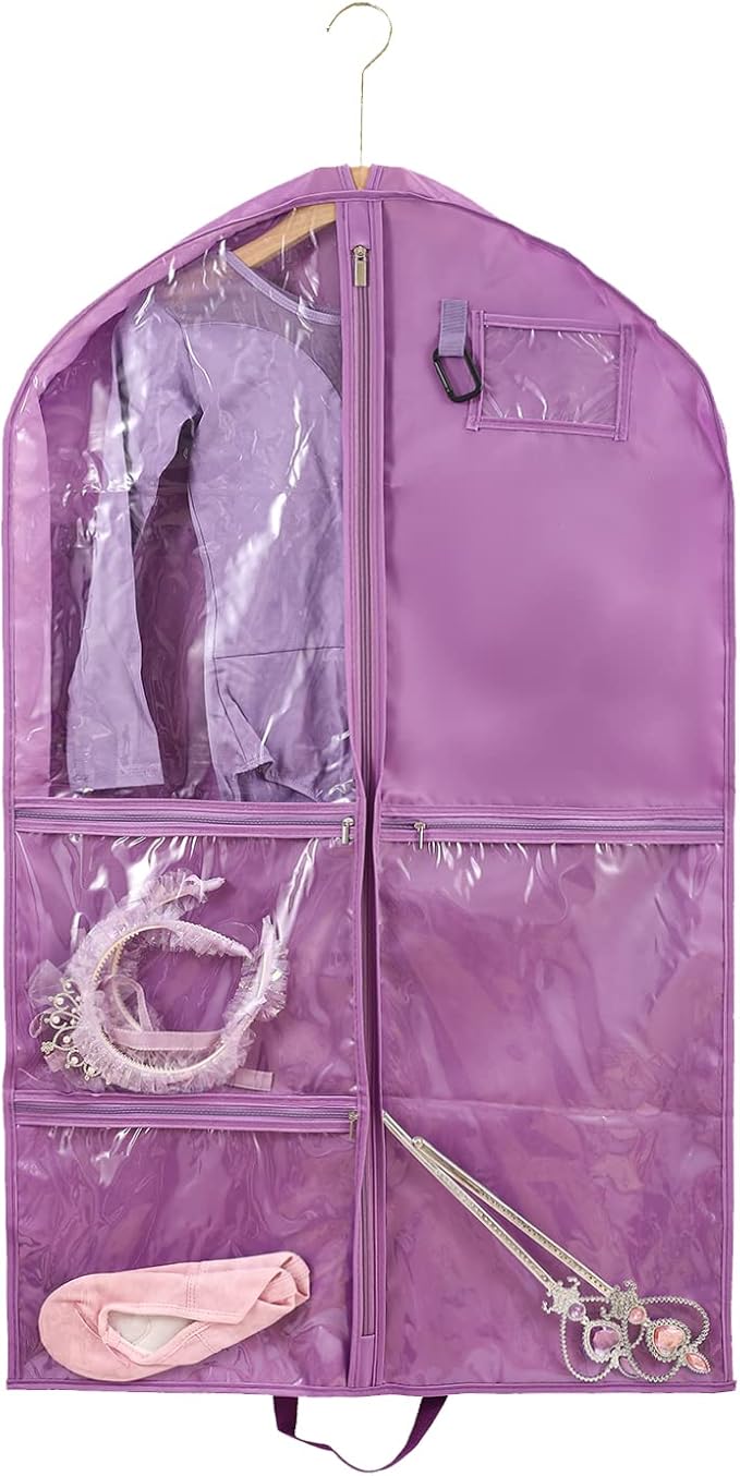 1 Pack Garment Bag for Travel Storage,Dance Costumes Competition Bag,Girls Dress Recital Dance Bag Kids Garment Bags for Hanging Clothes,Clear Purple Cheer Uniform Garment Bag.40Inch