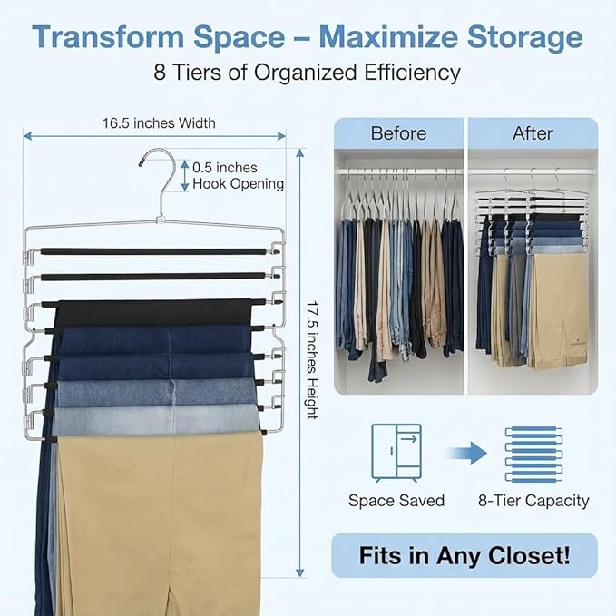 USTECH Arm Pants Hanger-8 Tier, Multi Tier Swing Hanger with Foam Padding & Removable Arm, Storage Organizer, Pack of 2, Foldable