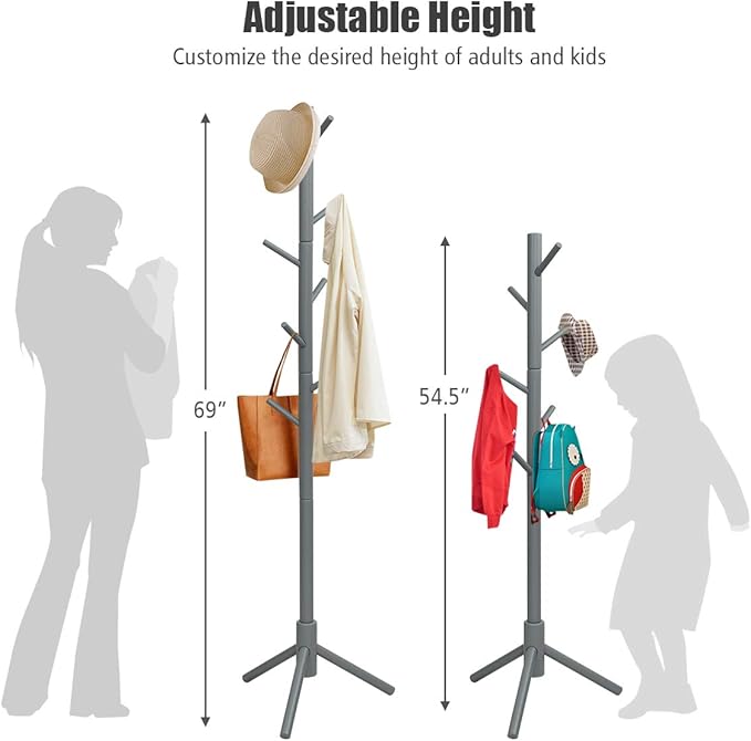 Tangkula Coat Rack Freestanding, Rubber Wood Coat Stand with 8 Hooks, Height Adjustable Entryway Coat Tree Coat Hanger Stand for Home Office Hall Entryway