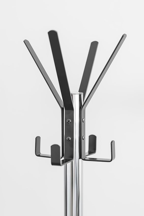 Coat Rack with Brushed Steel Finish – Space-Saving Entryway Organizer Perfect for Coats, Bags, Purses and Hats. Stand with12 Black Hooks and Tempered Glass Base, Perfect for Home & Office 69'' Tall