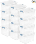 Sterilite 12-Pack 64 Quart Latching Box, Clear Plastic Storage Organizer Bins with White Lids - Large Stackable Containers for Home Bedroom, Dorm Room, and Closet Organization
