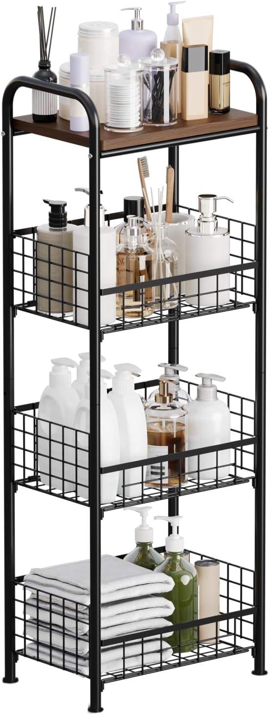 wonline 4 Tier Slim Metal Storage Cart with Walnut Wood Top Kitchen Organizer Shelf Fruit Basket Stand for Small Spaces Office Bathroom Laundry Room