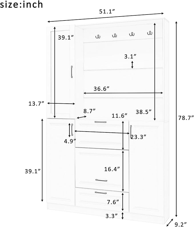 51.1'' Hall Tree with 4 Sturdy Hooks and Foldable Seat, 3-in-1 Design and Mirrored Cabinet Door, Entryway Bench with Integrated Shoe Cabinet for Living Room